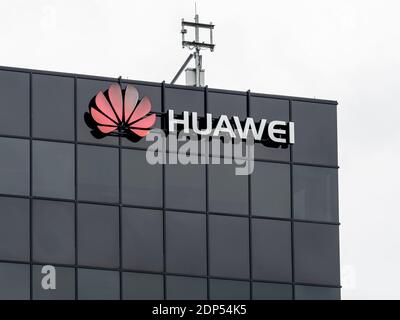 Kanata, Ontario, Canada - August 9, 2020: A closeup Huawei sign on the building. Stock Photo