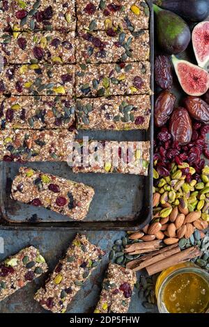 Homemade vegan  granola bars and ingredients Stock Photo