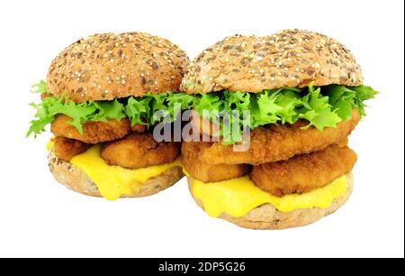 Breadcrumb covered chicken fillet sandwiches in multigrain seed covered bread rolls isolated on a white background Stock Photo