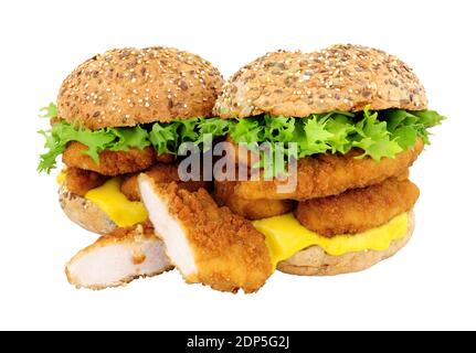 Breadcrumb covered chicken fillet sandwiches in multigrain seed covered bread rolls isolated on a white background Stock Photo