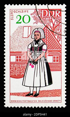 MOSCOW, RUSSIA - SEPTEMBER 15, 2018: A stamp printed in DDR (Germany) shows Loop, Costumes serie, circa 1968 Stock Photo