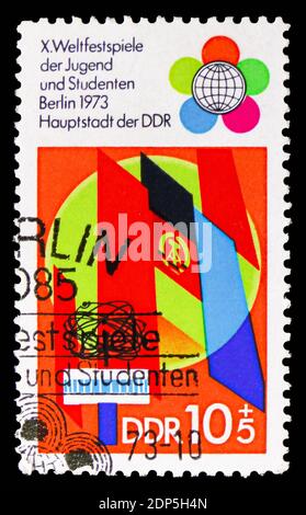 MOSCOW, RUSSIA - SEPTEMBER 15, 2018: A stamp printed in DDR (Germany) shows Flags, World Festival of Youth and Students, Berlin serie, circa 1973 Stock Photo