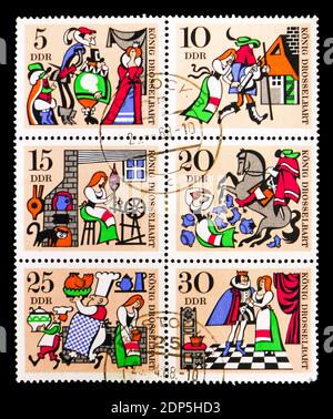 MOSCOW, RUSSIA - SEPTEMBER 15, 2018: A stamp printed in DDR (Germany) shows Six postage stamps from Fairy tales serie, circa 1967 Stock Photo