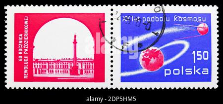 MOSCOW, RUSSIA - SEPTEMBER 15, 2018: A stamp printed in Poland shows 60th Anniversary of the October Revolution, serie, circa 1977 Stock Photo
