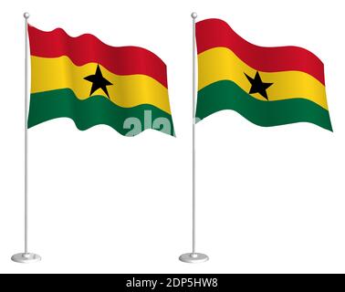 Ghana flag on flagpole waving in wind. Holiday design element. Checkpoint for map symbols. Isolated vector on white background Stock Vector