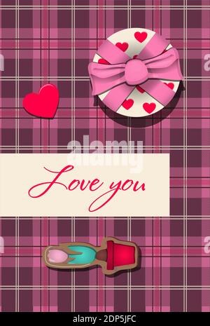 top view of a wooden table with a set of gifts and boxes for valentine s day. Romantic picture in pink, turquoise and red. Postcard for congratulations, declarations of love. vector illustration of an invitation to the holiday of all lovers. Picture for the holiday on February 14. Stock Vector