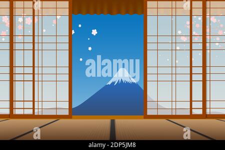 indoor wooden house with fuji mountain background in japan Stock Vector