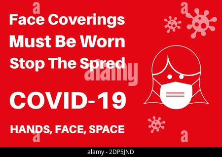 Face Coverings must be worn to stop the spread of Covid-19 information poster vector illustration Stock Vector