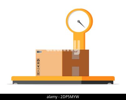 Industrial cargo weight scales. Weight of goods. Logistic and distribution, parcel package, cardboard boxes. Scale with box isolated on white. Warehouse service, delivery. Flat vector illustration Stock Vector