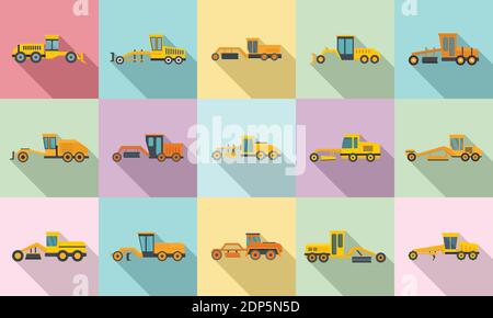 Grader machine icons set, flat style Stock Vector