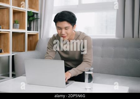 young attractive man sitting on sofa at home working on laptop online, freelancer, free leisure time Stock Photo