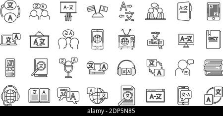 Foreign translator icons set, outline style Stock Vector
