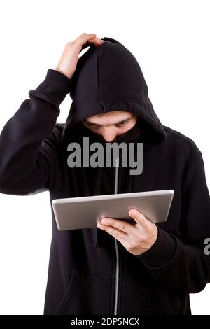 Troubled Hacker with a Tablet Computer on the White Background Stock Photo
