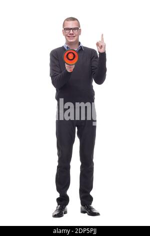 Happy man making announcement over a megaphone Stock Photo