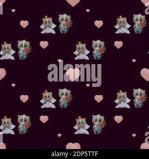 Seamless patterns. Couple of cute panda bears. The groom with a bouquet of flowers and the bride in a veil on a dark background with pink hearts Stock Photo