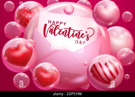 Valentine's day vector background design. Happy valentine's day typography text in greeting card with 3d heart in bubble element. Stock Vector