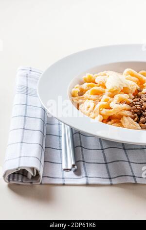 homemade 'spaetzle' noodles and lentils Stock Photo