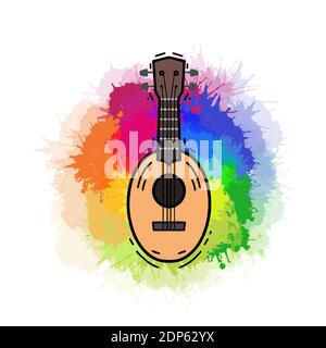 Contour color ukulele on rainbow watercolor splashes. Hawaiian music. Musical string instrument. Vector outline element for postcards, banners, sticke Stock Vector