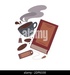 Cozy evening reading of books. Flat illustration of a book, a cup of tea, a cookie and a bookmark on a white background. Vector cartoon object for car Stock Vector
