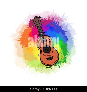Contour color ukulele on rainbow watercolor splashes. Hawaiian music. Musical string instrument. Vector outline element for postcards, banners, sticke Stock Vector