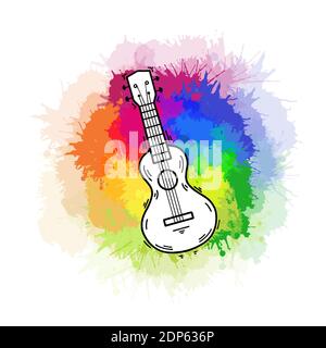 Contour color ukulele on rainbow watercolor splashes. Hawaiian music. Musical string instrument. Vector outline element for postcards, banners, sticke Stock Vector