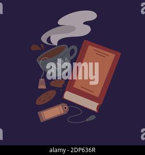 Cozy evening reading of books. Flat night illustration of a book, a cup of tea, a cookie and a bookmark on blue background. Vector cartoon object for Stock Vector