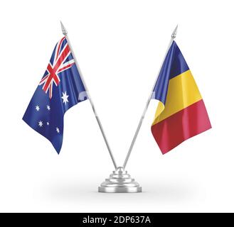 Romania and Australia table flags isolated on white 3D rendering Stock Photo