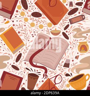 Seamless pattern of flat illustration of book, cup of tea, cookie and bookmark on leaves background. Cozy evening reading with candle and garland. Vec Stock Vector