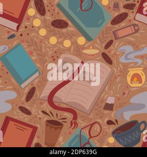 Seamless pattern of flat illustration of book, cup of tea, cookie and bookmark on plant background. Cozy evening reading with candle and garland. Vect Stock Vector