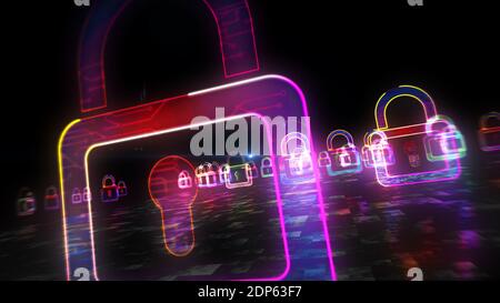 Cyber security concept with padlock symbol, computer protection and system safety icon. Futuristic abstract 3d rendering illustration. Stock Photo