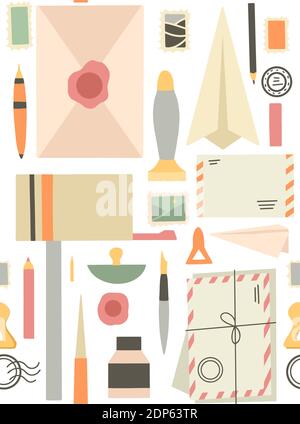 Seamless geometric pattern of various supplies of old letters and mail with dots on white background. Envelope, stamp, paperweight, mailbox, office su Stock Vector