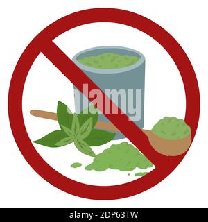 Ban on Japanese matcha tea. Green tea with spoon of powder, foliage in a prohibition sign. Allergy risk. Vector forbidden sign for stickers, icons, ba Stock Vector