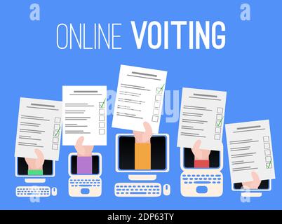 Online voting in self isolation. Silhouettes of a computer, laptop and tablet with rice hand with voting list on blue background. People choice. Vecto Stock Vector