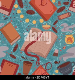 Seamless pattern of flat illustration of book, cup of tea, cookie and bookmark on blue plant background. Cozy evening reading with candle and garland. Stock Vector