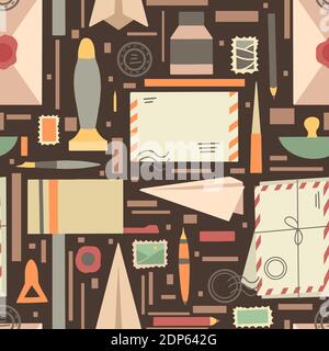 Seamless pattern of various supplies of old letters and mail with dots on brown geometric background. Envelope, stamp, paperweight, mailbox, office su Stock Vector