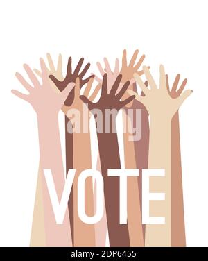 Stretched up arms of various nationalities with call to vote. Democratic voting. Peoples choice. Voting for everyone. Vector element for cards, templa Stock Vector