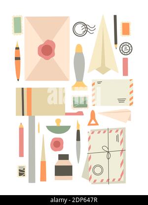 Set of various supplies on the theme of old letters and mail. Envelopes, stamps, paperweights, mailbox, office supplies. Wax and ordinary seals. Vecto Stock Vector