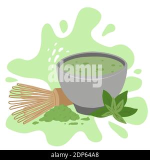 Japanese matcha green tea powder on green splah. Traditional tea ceremony. Cup of tea, matcha powder, whisk and green leaves. Vector flat illustration Stock Vector