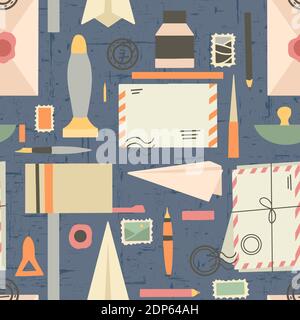 Seamless pattern of various supplies of old letters and mail with grunge scuffs on blue background. Envelope, stamp, paperweight, mailbox, office supp Stock Vector