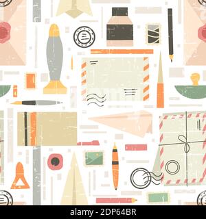 Seamless pattern of various supplies on the theme of old letters and mail with grunge scuffs. Envelope, stamp, paperweight, mailbox, office supplies. Stock Vector