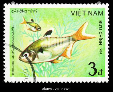 MOSCOW, RUSSIA - SEPTEMBER 26, 2018: A stamp printed in Vietnam shows Serpae Tetra (Hyphessobrycon serpae), Fish - Ornamental serie, circa 1984 Stock Photo