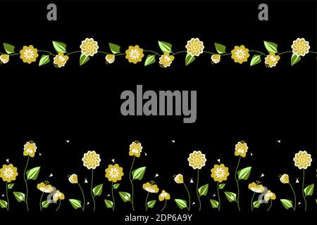 Summer flowers in different forms with meadow bugs. There are 2 seamless patterns Stock Vector