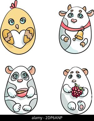 Cute animals in a shape of Easter eggs. there are a cow, a chicken, panda and white bear Stock Vector