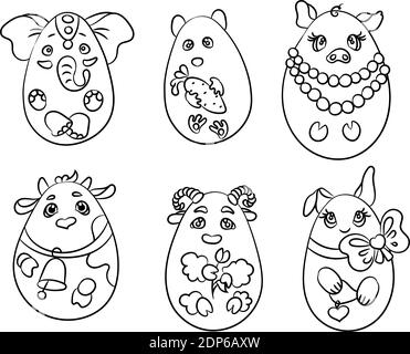 Set with 6 animals in a shape of eggs. It is a coloring pages with cute animals and a lot of elements. there are an elephant, a hamster, a pig, a cow, Stock Vector