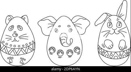 Cute Coloring Set with Easter Eggs in a Shape of Animals with Ornaments Stock Vector