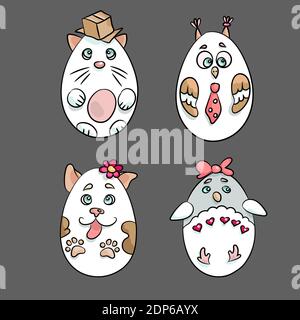Set with 4 cute animals in a shape of Eatser Eggs. There are a cat with a box, an owl with a tie, a dog with a flower and a pinguin with a bow. The im Stock Vector