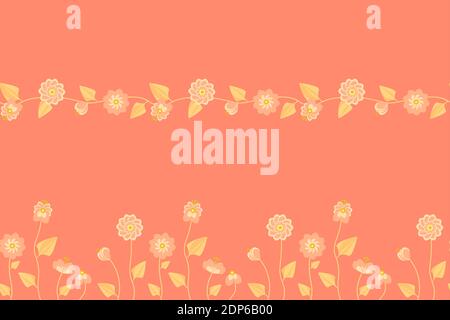 Set of 2 seamless patterns of flowers from the meadow in red pastel color palette Stock Vector