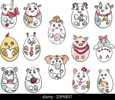 Set with 14 animals in a shape of eggs. These cute animals are made in one style Stock Vector