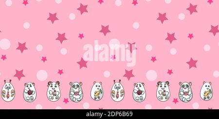 Seamless Pattern with cute animals, circles and stars Stock Vector