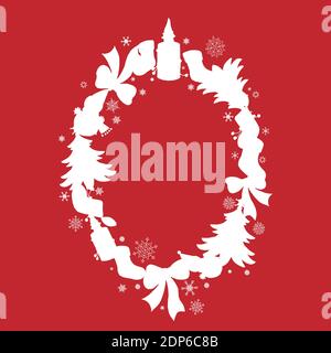 Frame in the shape of an oval with sillhouettes of Christmas objects and snowflakes Stock Vector
